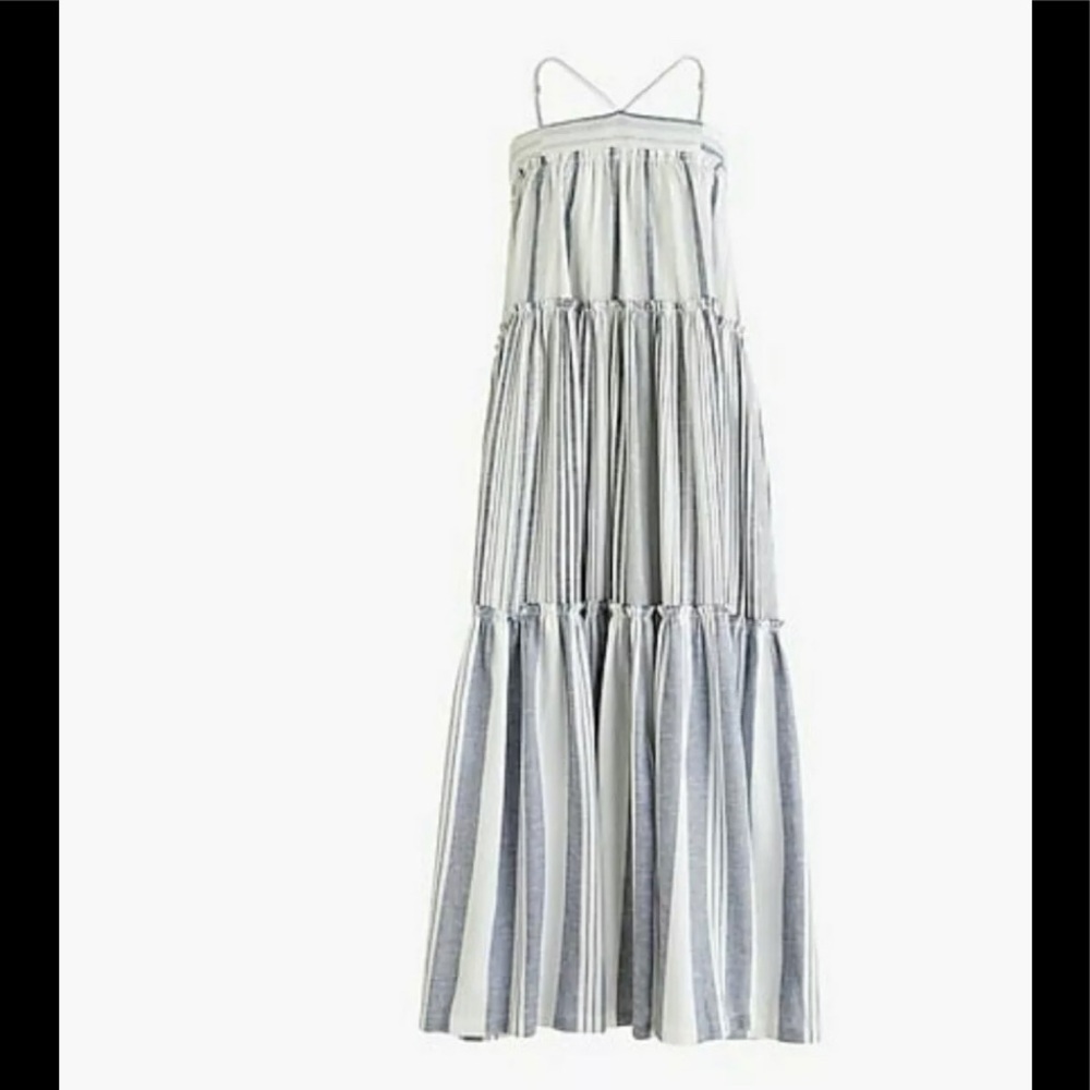 J Crew Small Chambray Maxi Dress Halter Tiered Stripe Linen Blend